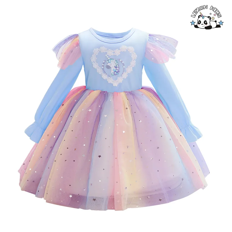 LEZONKIDS - Novos Produtos Vestidos de Meninas com Mangas Longas e Estrelas Pastel para Festa de 2 a 14 Anos